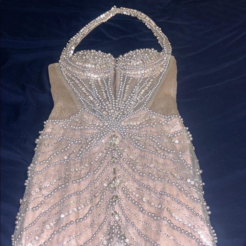 Pearl & Crystal Embellished Pink Halter Prom Dress